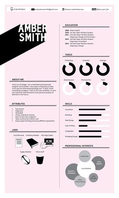 a pink and black resume with an info sheet on the top, below it's image