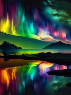 an aurora bore is reflected in the water with colorful lights on it's side