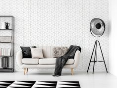 a living room with a white couch, black and white rugs and a book shelf