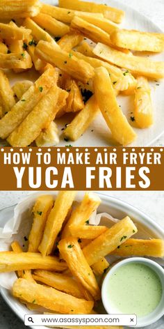 how to make air fryer yuca fries on a white plate with dipping sauce