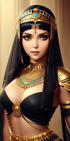 an egyptian woman with black hair and gold jewelry