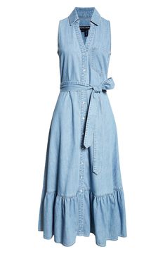 A wide ruffle sweetens a denim shirtdress cut to a beloved and versatile midi length. 47 1/2" length (size 8) Front snap closure Spread collar Chest patch pocket Removable sash 100% cotton Dry clean Imported Denim Blue Midi Dress For Summer Workwear, Casual Sleeveless Denim Dress With Ruffles, Casual Knee-length Ruffled Denim Dress, Casual Knee-length Denim Dress With Ruffles, Summer Midi Dress In Medium Wash For Work, Spring Sleeveless Denim Dress With Ruffles, Summer Workwear Medium Wash Midi Dress, Light Wash Denim Dress For Work And Summer, Spring Sleeveless Denim Dress For Work