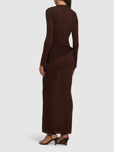 Pull on. Model is wearing a sizeS Elegant Brown Fitted Sweater Dress, Elegant Long Sweater Dress For Evening, Chic Long Sweater Dress For Evening, Knitted Long Dress, Aya Muse, Long Knitted Dress, Long Sleeve Design, Flat Espadrilles, Fitted Silhouette