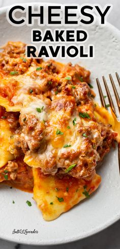 cheesy baked ravioli on a plate with a fork