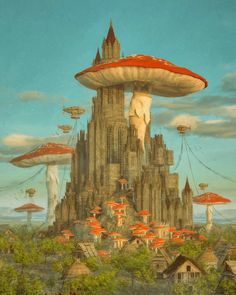 a painting of an alien city surrounded by mushroom like structures