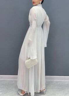 Elegant White V Neck Solid Chiffon Long Dresses FallFabric: ChiffonSize & Fit: Fit: This garment fits true to size.Length: Size L measures 47.97"from shoulder to hemBust: Great for any cup size. Waist: Loose Fit. Comfortable room throughout midsection.Hip: Loose Fit - room for hips. Hand Wash Cold. Long Sleeve Pleated Chiffon Party Dress, Pleated Long Sleeve Chiffon Party Dress, Long Sleeve Chiffon Dress For Casual Occasions, Long Sleeve Chiffon Dress For Casual Wear, Pleated Long-sleeve Chiffon Party Dress, Chic Fitted Pleated Chiffon Dress, Chic Pleated Fitted Chiffon Dress, Formal Long Sleeve Summer Chiffon Dress, Formal Long Sleeve Chiffon Dress For Summer