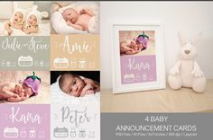 four baby announcement cards with photos and an adorable bunny on the shelf next to them