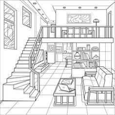 a drawing of a living room with stairs