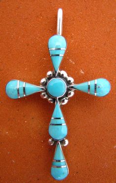 Turquoise Sterling Silver Cross Pendant From New Mexico Stamped "sterling" " B F" Measures 2" L 1 1/8" W Southwestern Blue Cross Jewelry, Southwestern Style Blue Cross Jewelry, Spiritual Turquoise Jewelry With Inlay, Turquoise Spiritual Jewelry With Inlay, Sterling Silver Cross Pendant, Silver Cross Pendant, Native Jewelry, Sterling Silver Cross, Silver Cross