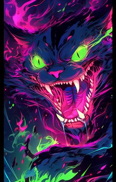 an image of a cat with green eyes and fangs on it's face in neon colors