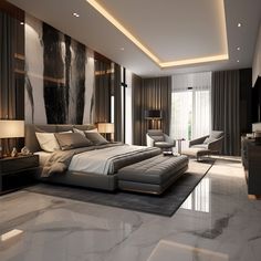 a modern bedroom with marble flooring and walls