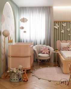 a child's room with pink furniture and decor on the walls, along with stuffed animals