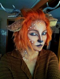 A deer cosplay a made last year. Makeup Karakter, Fantasy Make-up, Deer Makeup, Animal Makeup, Deer Costume, Special Effects Makeup, Stage Makeup, Christmas Makeup