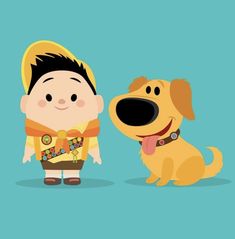 a cartoon boy and his dog are standing next to each other on a blue background