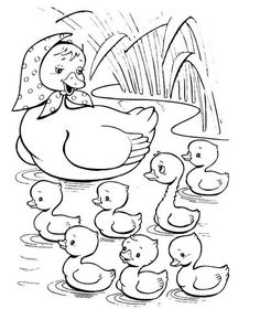 a black and white drawing of a mother duck with her baby ducks in the water