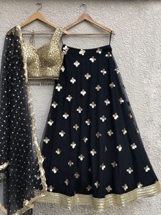 Gold Lehenga Skirt, Black And Gold Lehenga, Scallop Dupatta, Sequins Skirt, Black Velvet Blouse, Gold Sequin Skirt, Gold Lehenga, Mirror Work Blouse, Black Lehenga