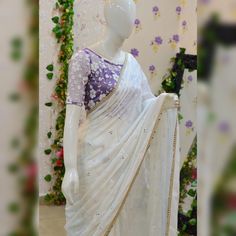 🪷🪷 Beautiful pure chinon laksha buti mirror work  saree paired up with pretty embroidery work blouse.  Blouse sizes can be customize Traditional Chinon Blouse With Dupatta, Traditional Drape Blouse With Dupatta In Chinon, Georgette Pre-draped Saree With Mirror Work For Puja, Pre-draped Chinon Saree With Gota Work, Chinon Pre-draped Saree With Gota Work, Festive Gota Work Georgette Blouse, Traditional Drape Blouse In Dola Silk With Gota Work, Georgette Blouse With Mirror Work, Semi-stitched Georgette Blouse With Mirror Work