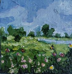 an oil painting of flowers in a field