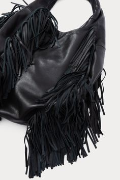 Fringe Bags Boho, Twisted Top, Leather Fringe Bag, Fringe Bags, Black Fringe, Leather Hobo Bag, Leather Hobo, Nappa Leather, Leather Interior