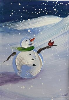 a painting of a snowman with two birds sitting on it