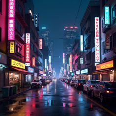 a city street at night with cars parked on the side and neon signs lit up