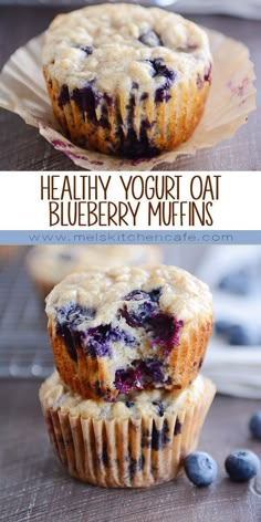 two blueberry muffins stacked on top of each other with text overlay