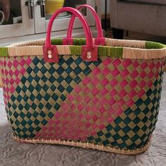 Very Nice Pink And Green Color! Perfect For Summer, For The Beach, Picnic, Anytime You Want It. Can Fit A Lot Of Things. Handmade From The Island Of Madagascar . New, Never Used. Coach Zip Top Tote, Handmade Tote Bag, Leather Weekender Bag, Marc Jacobs Tote, Teal Leather, Straw Tote Bag, Bags Handmade, Handmade Tote, Tote Bags Handmade