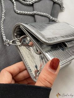 BirdinBag - Compact Crocodile Embossed Square Bag with Chain Strap - Sleek and Stylish Silver Rectangular Wallet On Chain With Strap, Silver Rectangular Wallet On Chain For Everyday Use, Bag With Chain, Word Wrap, Bag Bag, Square Bag, Flap Bag, Chain Strap, Emboss