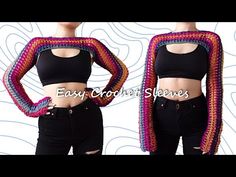 two photos of a woman with her hands on her hips wearing black jeans and a colorful crochet top