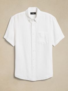 Luxurious, beautiful and naturally breathable, this linen shirt is crafted from 100% linen so it stays crisp and cool even in heat and humidity.  Standard fit.  Button-down collar with button-front closure.  Chest pocket.  Shirttail hem.  Standard fit.  Short sleeves.  Hip length.  Model: Size M, 6'2" (188cm). Mens Linen Shirt Short Sleeve, White Dress Shirts For Men, Linen Clothes Men, White Linen Shirt Men, White Dress Shirts, Short Sleeve Linen Shirt, White Linen Shirt, White Shirt Men, Workwear Trousers