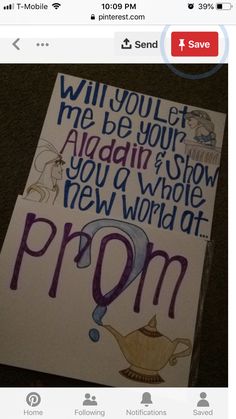 a sign that says, will you let me be your adam and show you a whole new world? prom