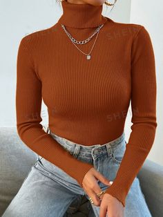 Style:Casual \nNeckline:High Neck \nType:Pullovers \nSleeve Type:Regular Sleeve \nDetails:Rib-Knit \nColor:Burnt Orange \nPattern Type:Plain \nSleeve Length:Long Sleeve \nLength:Regular \nTemperature:Late Fall (10-17℃/50-63℉) \nFit Type:Slim Fit \nFabric:High Stretch \nMaterial:Fabric \nComposition:50% Polyester \nComposition:27% Viscose \nComposition:23% Polyamide \nCare Instructions:Hand wash or professional dry clean \nSheer:No \n Brown Turtleneck Outfit, Turtleneck Outfit, Coffee Sweater, Pullover Outfit, Sweater Collection, High Neck Long Sleeve, Ribbed Knit Sweater, Knit Jumper, Outfits Casuales