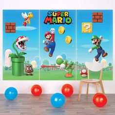 an image of mario bros wall mural in the living room with balloons and balls on the floor