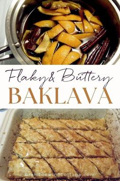 baked baklava with oranges and cinnamon on top in a pan next to the recipe