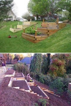 two pictures side by side with different types of raised garden beds in the same area