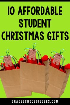 three brown paper bags with red ornaments on them and the words 10 adorable student christmas gifts