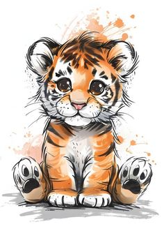 Watercolor Animal Drawing, Tiger Art Drawing, Doodle Prompts, Creative Drawing Ideas, Kawaii Doodle, Drawing Ideas For Beginners, Creative Prompts, Animal Caricature, Animal Art Projects