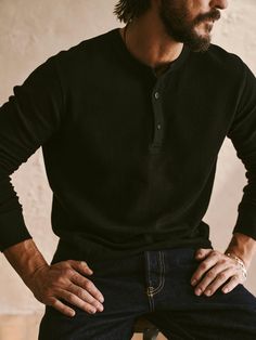 Inspired by vintage military pieces, our thermal henley has a woven placket and classic cat-eye buttons. | Buck Mason Men's Vintage Thermal Henley in Black, Size Small Black Henley Outfit Men, Thermal Outfit Men, Classic Henley With Button Closure, Henley Mens Outfit, Black Long Sleeve Henley For Fall, Casual Black Henley For Fall, Outdoorsy Style Men Summer, Classic Winter Henley With Button Closure, Classic Henley With Button Closure For Winter