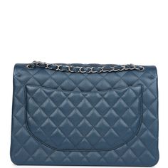 This Maxi Classic Double Flap bag is in dark blue caviar leather with silver hardware and features a front flap with signature CC turnlock closure, half moon back pocket, and adjustable interwoven silver tone chain link and dark blue leather shoulder strap.The interior is lined in dark blue leather with a "love letter" zipper compartment under the first flap, an "outer" slit pocket under the second flap, and an interior compartment with two open pockets separated by a "lipstick" compartment.Coll Chanel Maxi, Chanel Box, Hermes Birkin 25, Bag Dark, A Love Letter, Birkin 25, Love Letter, Flap Bag, Half Moon