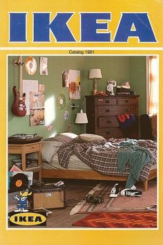 the cover of ikea magazine shows a bedroom with green walls and furniture