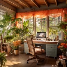 a home office with lots of potted plants in the window sill and on the desk is a computer