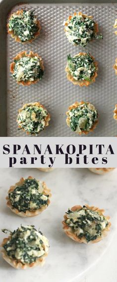 spinach and cheese appetizers on a baking sheet with text overlay that reads spakopita party bites