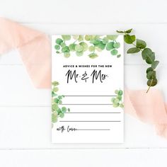 a wedding card with greenery on it and the words, advice & wishes for the newly