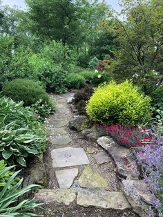 a stone path surrounded by plants and flowers