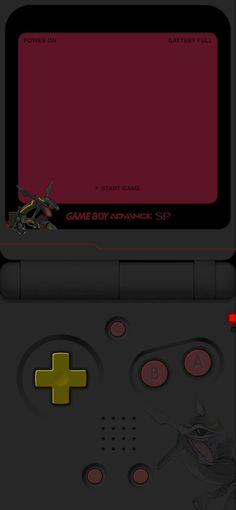 the game boy advance is shown in red and black colors, as well as an image of