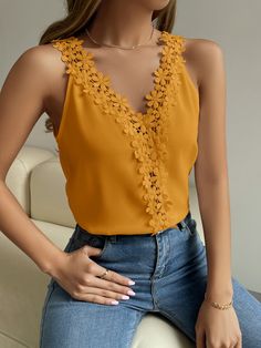 Yellow Elegant Collar  Rayon Plain Tank Embellished Non-Stretch Summer Women Tops, Blouses & Tee Business Formal Dress, Design Moda, Lace Cami Top, Women Tank Tops, V Neck Tank Top, Guipure Lace, Lace Cami, Tank Top Cami, V Neck Tops