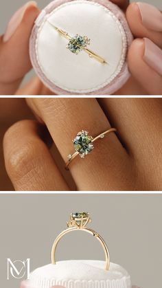 three different views of an engagement ring with green stones on the side and in between