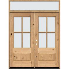 a pair of double doors with glass panels on the front and side windows in light wood