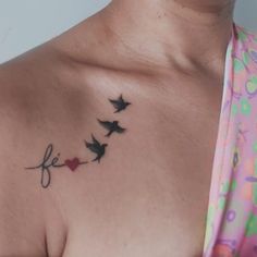 a woman's chest with three birds on it and the word love written in cursive writing