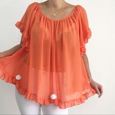 Basically Me, The Modern Bohemian Collection From Fashion Designer, Sonia Youmans, Marries The Gypsy Spirit With Luxe Bohemian Sensibilities For Today’s Fashion Conscious Woman. Whether Feeling Flirty, Or Casual, Or Sexy And Sleek, Basically Me Is Basically You. Solid Color Bohemian Blouse For Vacation, Orange Short Sleeve Blouse With Ruffles, Orange Ruffled Short Sleeve Blouse, Orange Ruffled Tops For Vacation, Orange Ruffled Top For The Beach, Orange Ruffled Top For Beach, Flowy Short Sleeve Peasant Top For Vacation, Flowy Orange Blouse For Summer, Flowy Orange Summer Blouse